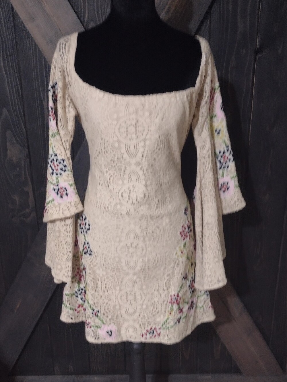 Boho Cream Crochet RomantLace Dress with Embroidery with Bell Sleeves. Whimsical